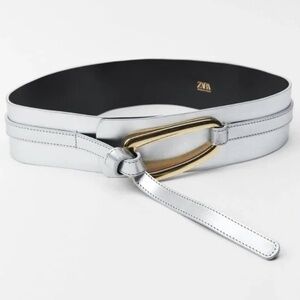 ZARA Metallic Silver Leather Sash Belt Gold Buckle Size 85